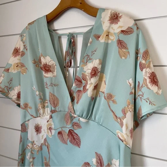 Floral double V-Neck Maxi Dress empire waist dolman cottagecore wedding satin - Picture 3 of 6